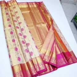Cream colour with pink border kanchipattu saree with bridal tissue sarees