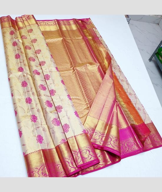 Cream colour with pink border kanchipattu saree with bridal tissue sarees
