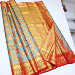 Sky blue with Red Border color kanchipattu saree with bridal tissue saree