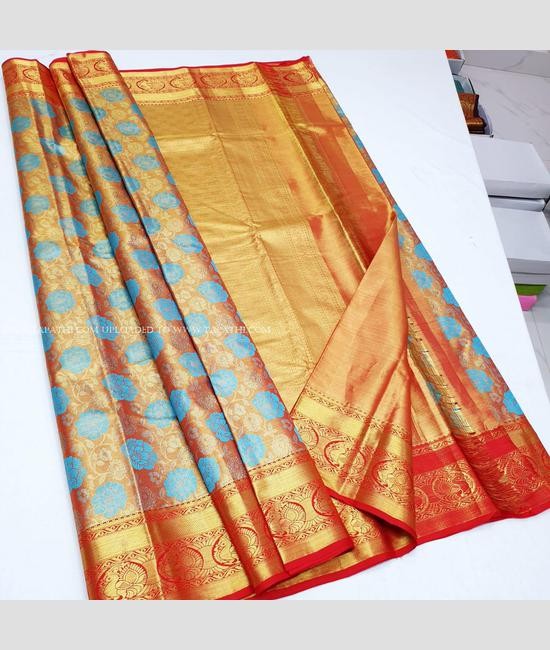 Sky blue with Red Border color kanchipattu saree with bridal tissue saree