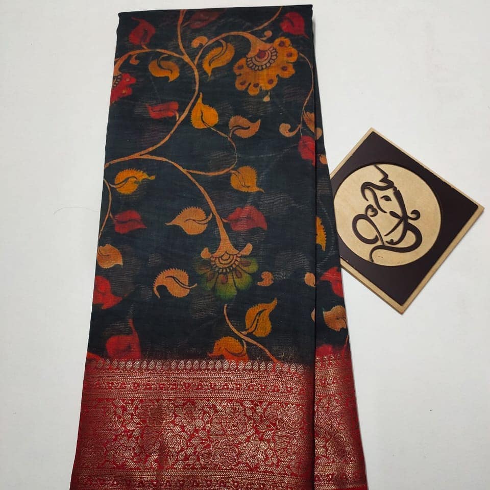 Pure banaras moonga kalamkari....with beautiful Kanchi border... Zari pallu*