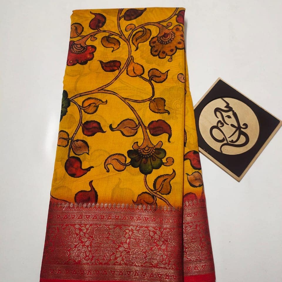 Pure banaras moonga kalamkari....with beautiful Kanchi border... Zari pallu*